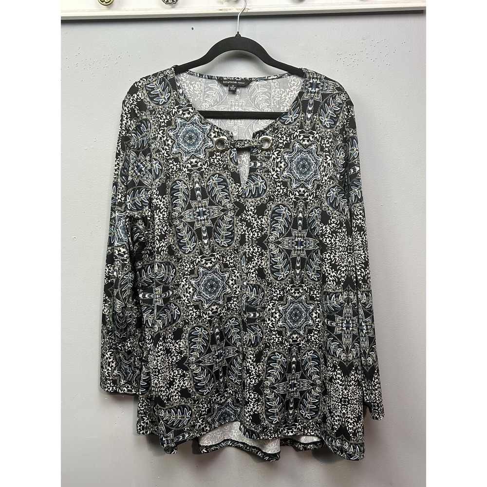 Zac & Rachel Woman Shirt Womens 1X Black Blue Paisley Keyhole Ring Neck Top